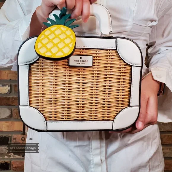 Kate Spade Wicker Trunk Traveler Crossbody Pineapple Charm Parchment  AUTHENTIC